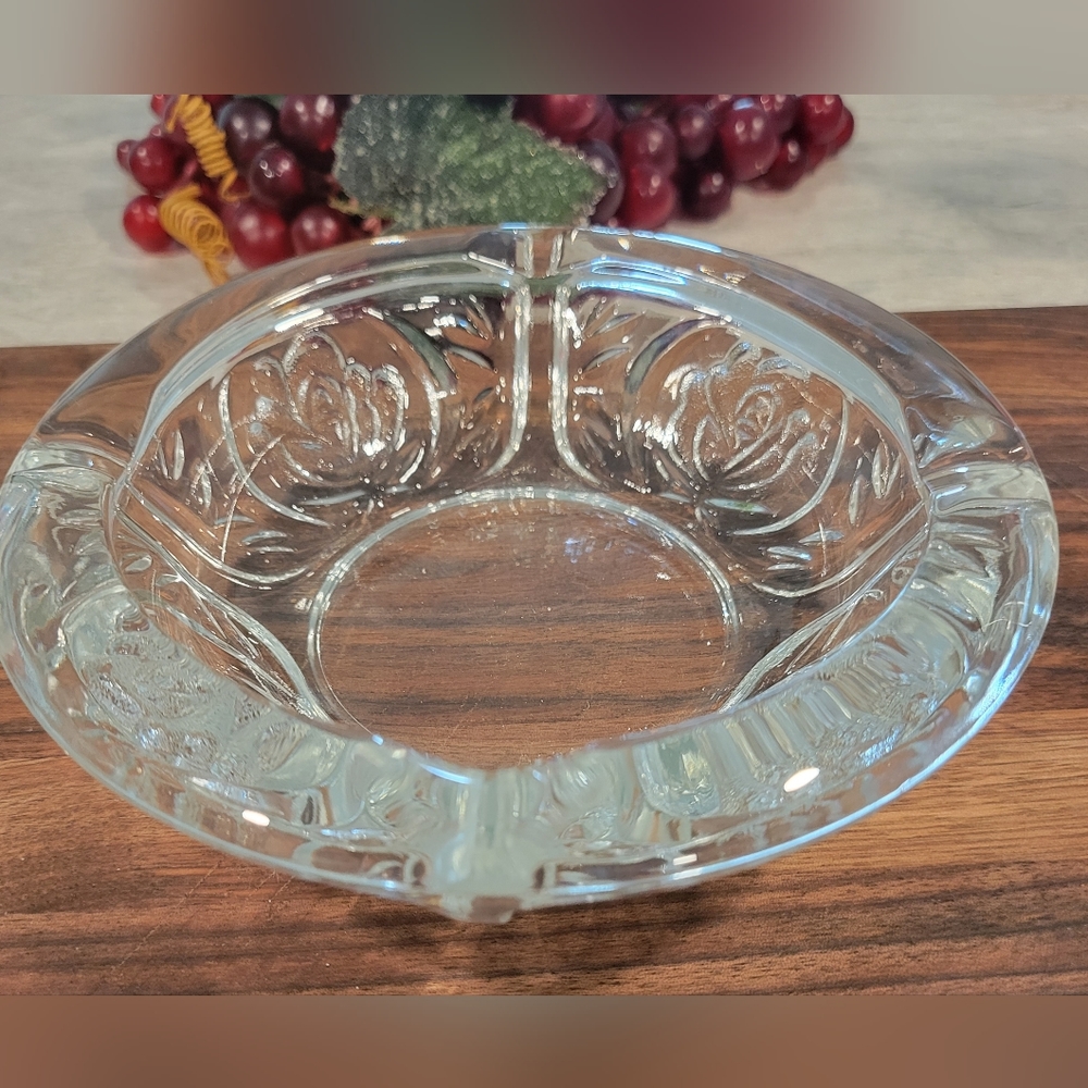 Vintage Clear Heavy Glass Ashtray with Embossed Roses KIG Indonesia 6"